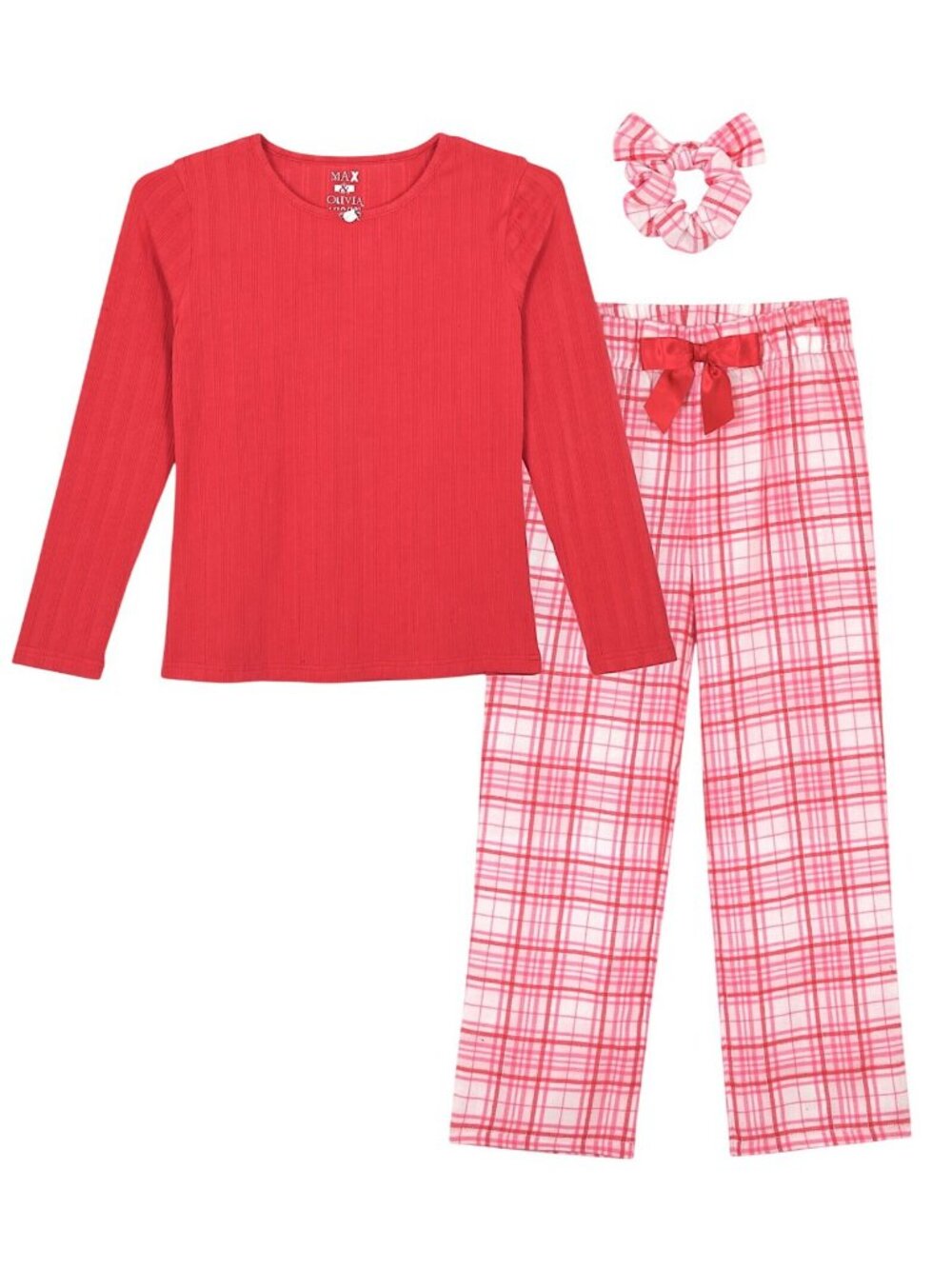NWT Max And Olivia 3-Piece Pajama Set Shirt Pants Scrunchie Red Pink Multi L